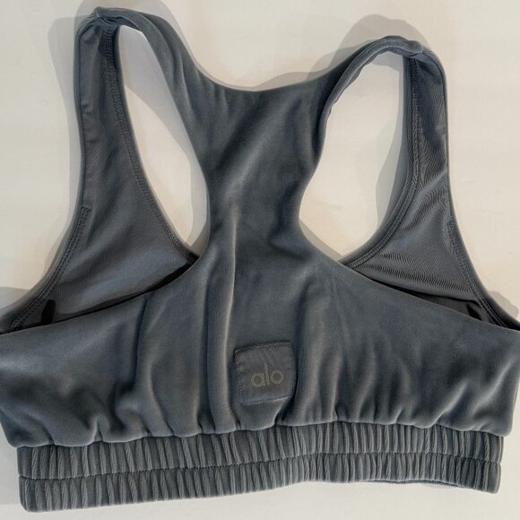 Alo Women's Velour Glimmer Scoop Neck Bra Size S Steel Blue - Picture 3 of 7